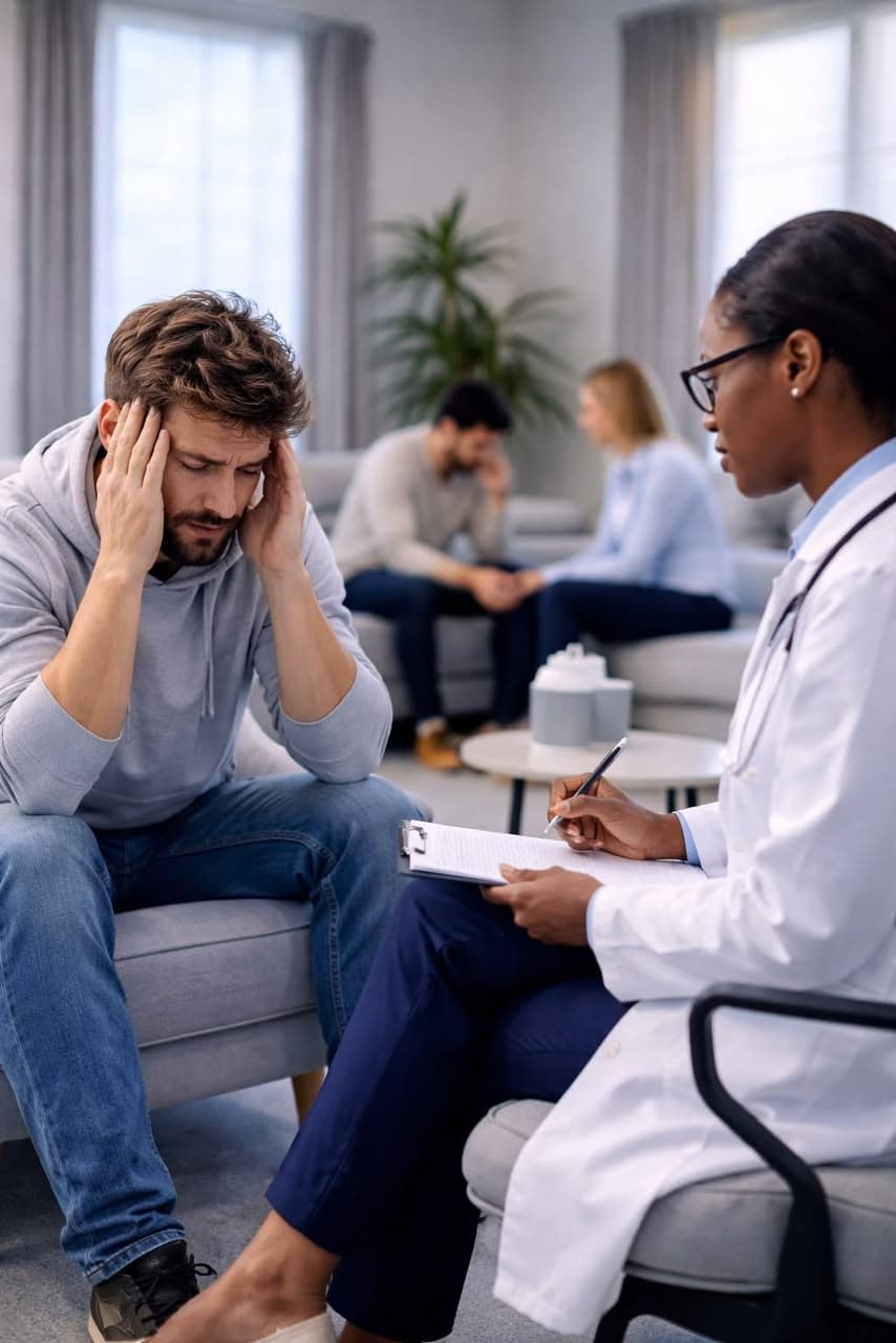 A provider taking notes while assessing a distressed patient